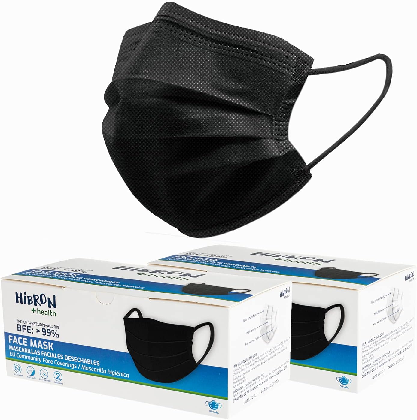 HIBRON 100 mascarillas negras higiénicas desechables BFE 99%